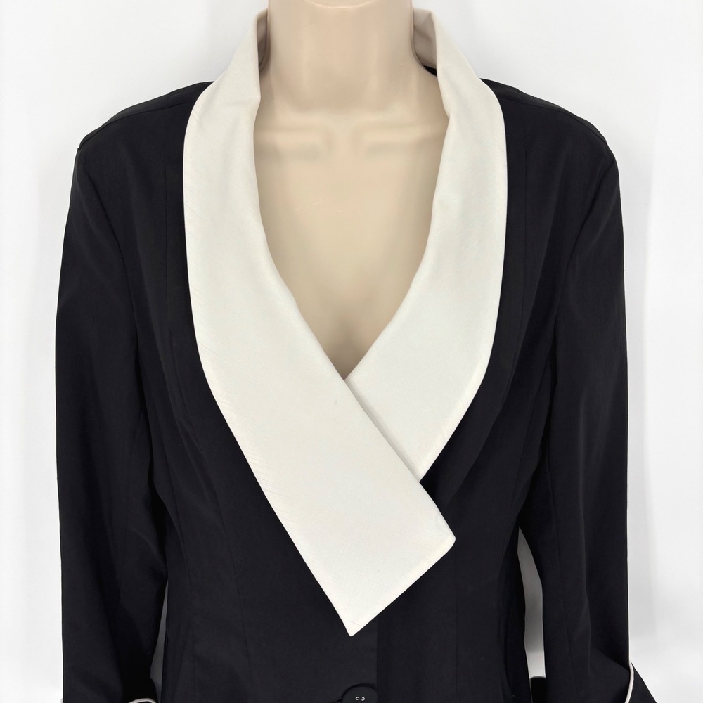 Samuel Dong Black White Shawl Collar Longline Coat Dress XS Contrast Trim